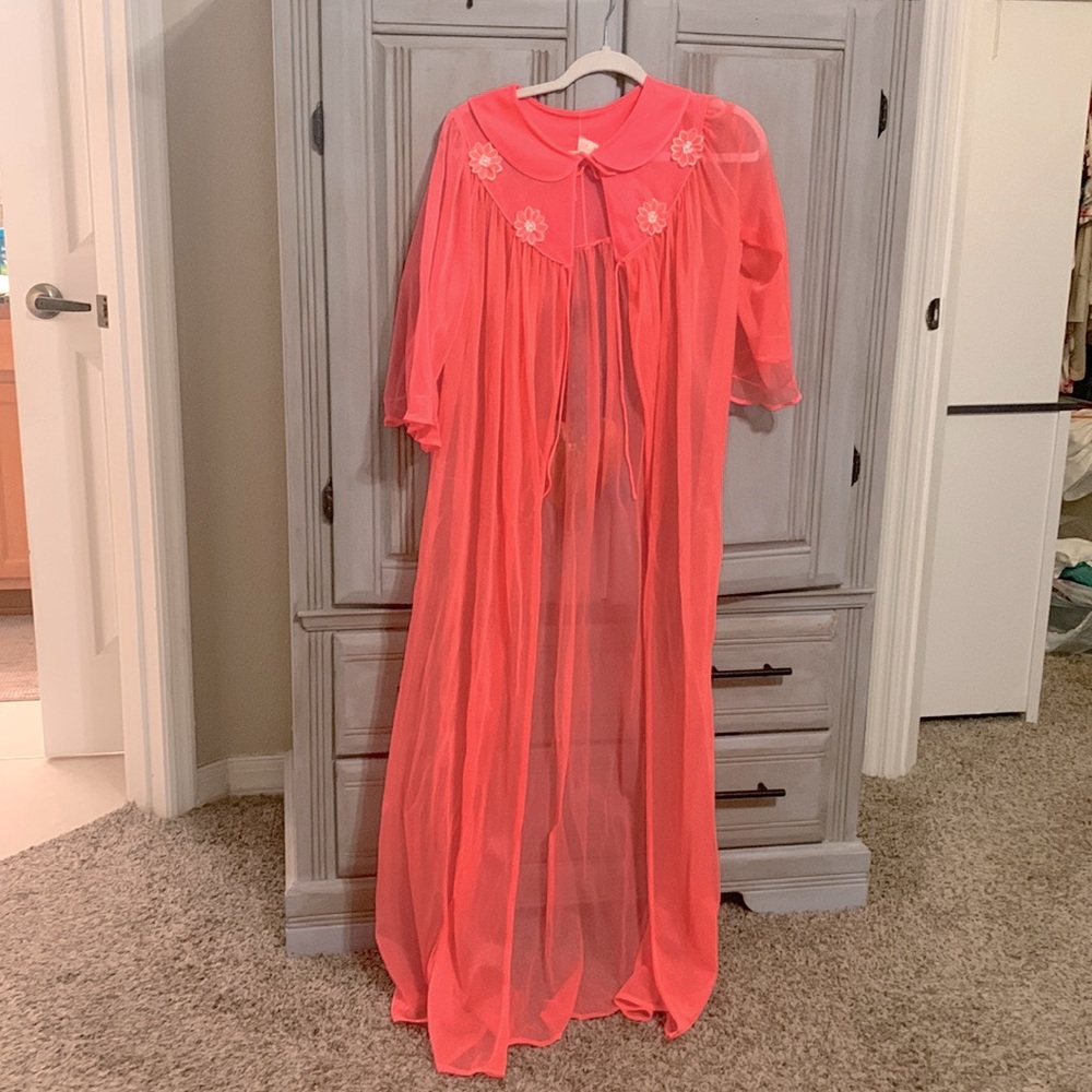 Vintage Pink Chifon Peignoir Lace Boudoir Size S